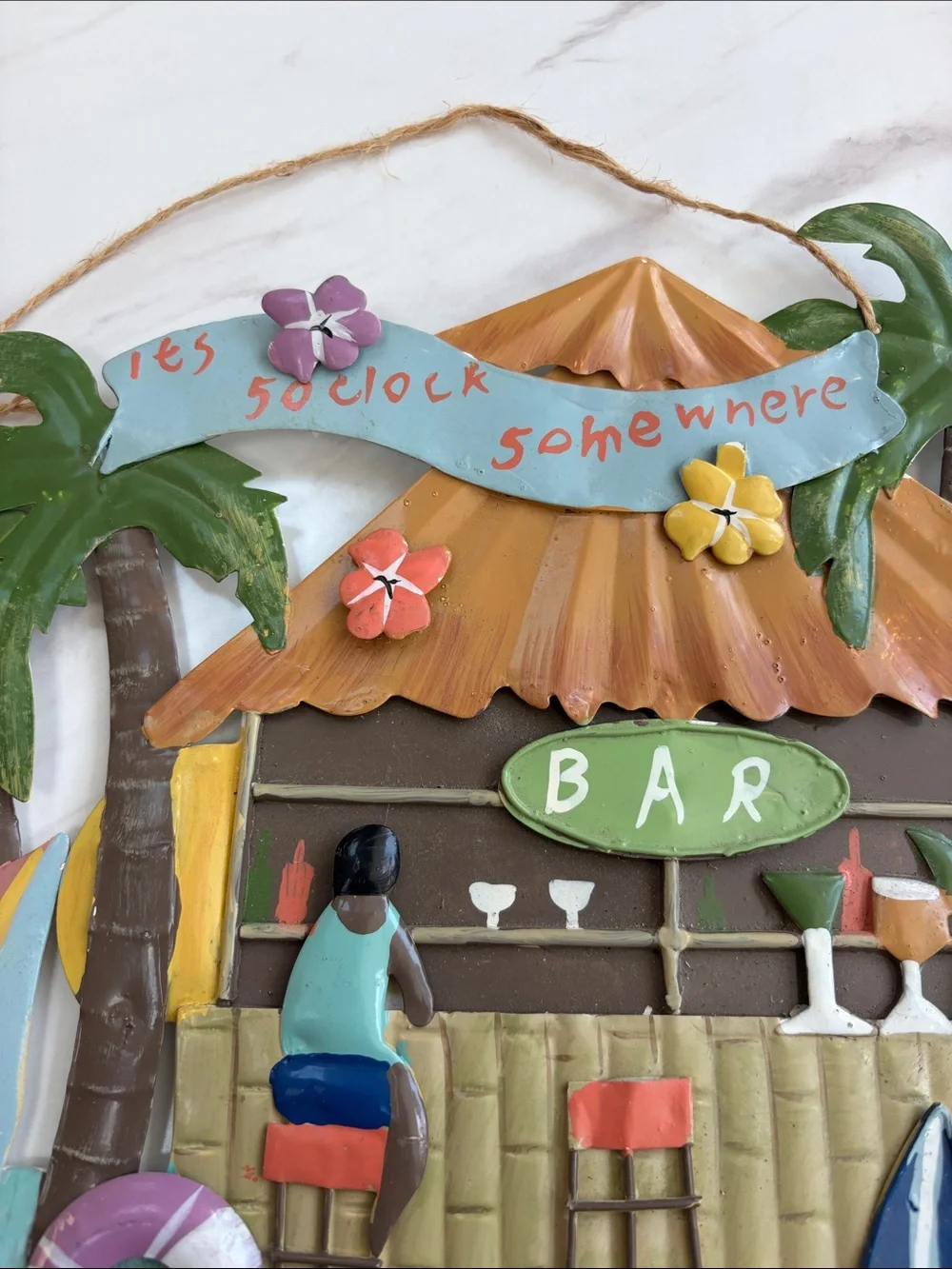 Tropical Tiki Hut 3D Metal Wall Art Hawaiian Beach Bar Parrothead Style Decor